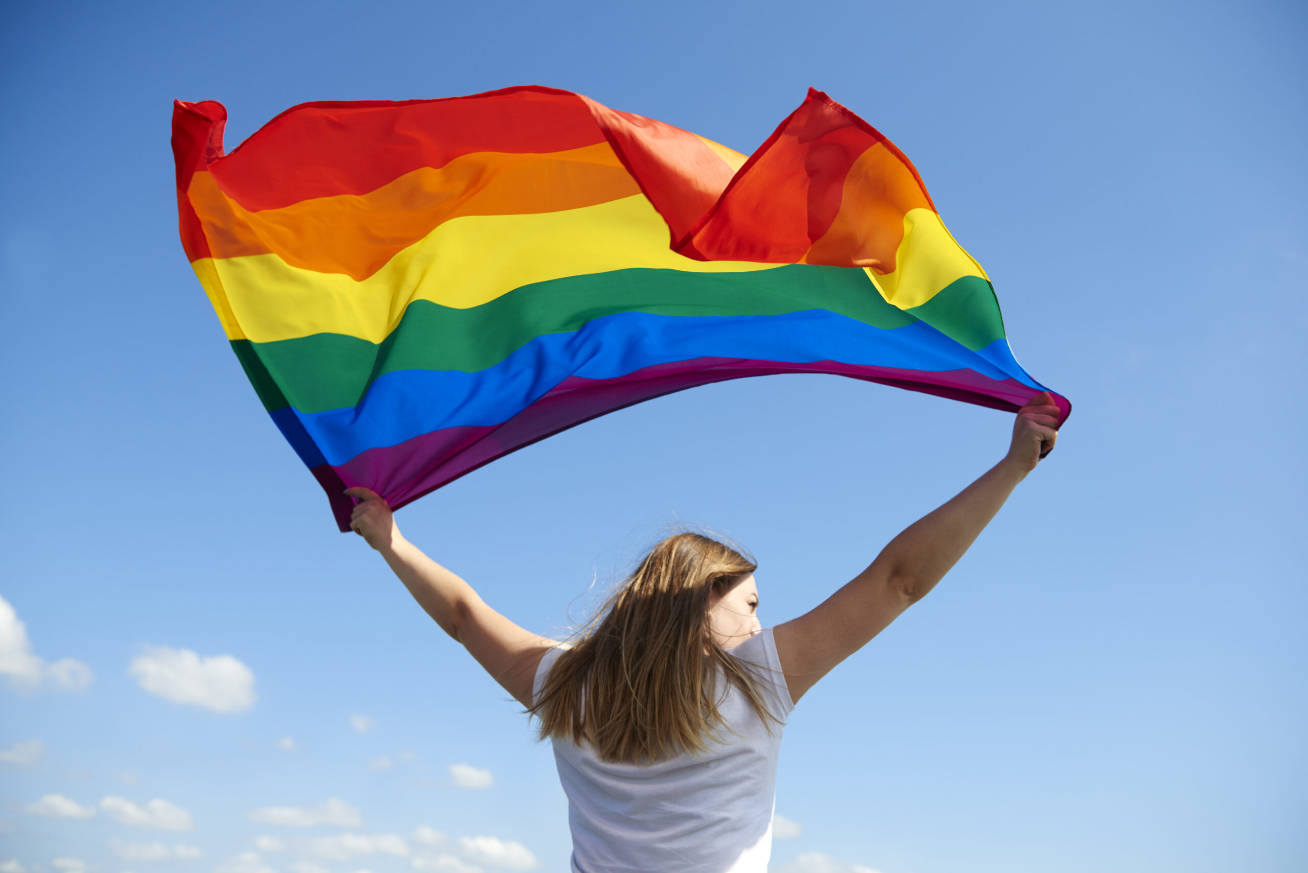 Rear view of young woman waving rainbow flag